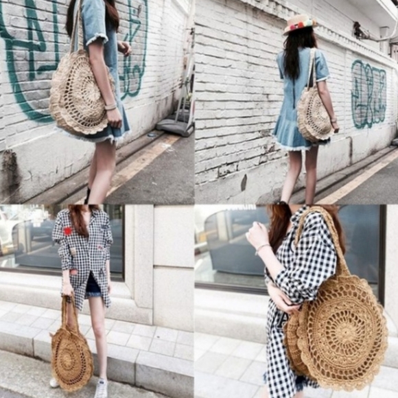 SALE Circle Handmade Crochet Shoulder Tote Bag Lined Zipper Light Brown Boho - Picture 4 of 13